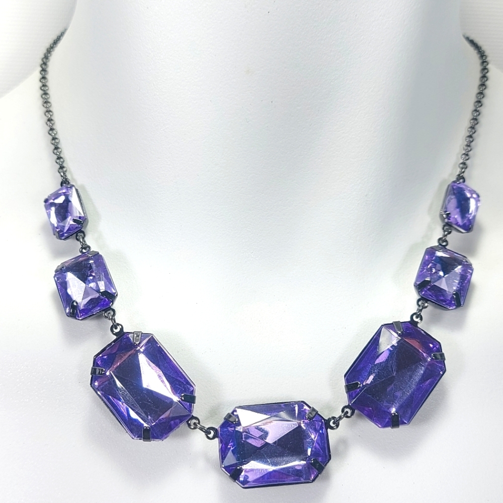 NR Signed Purple Rhinestone Gunmetal Chain Bib Statement Necklace